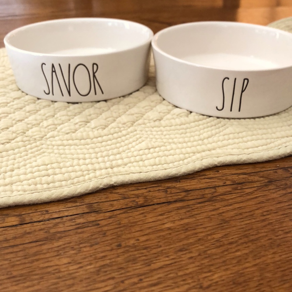 Rae Dunn by Magenta Ceramic set of 2 ceramic SAVOR & SIP pet Bowl Set